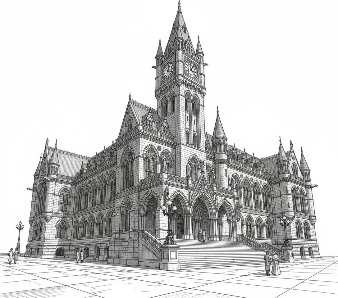 A line engraving of a Gothic Revival city hall with a clock tower, with figures crossing the plaza in front of it